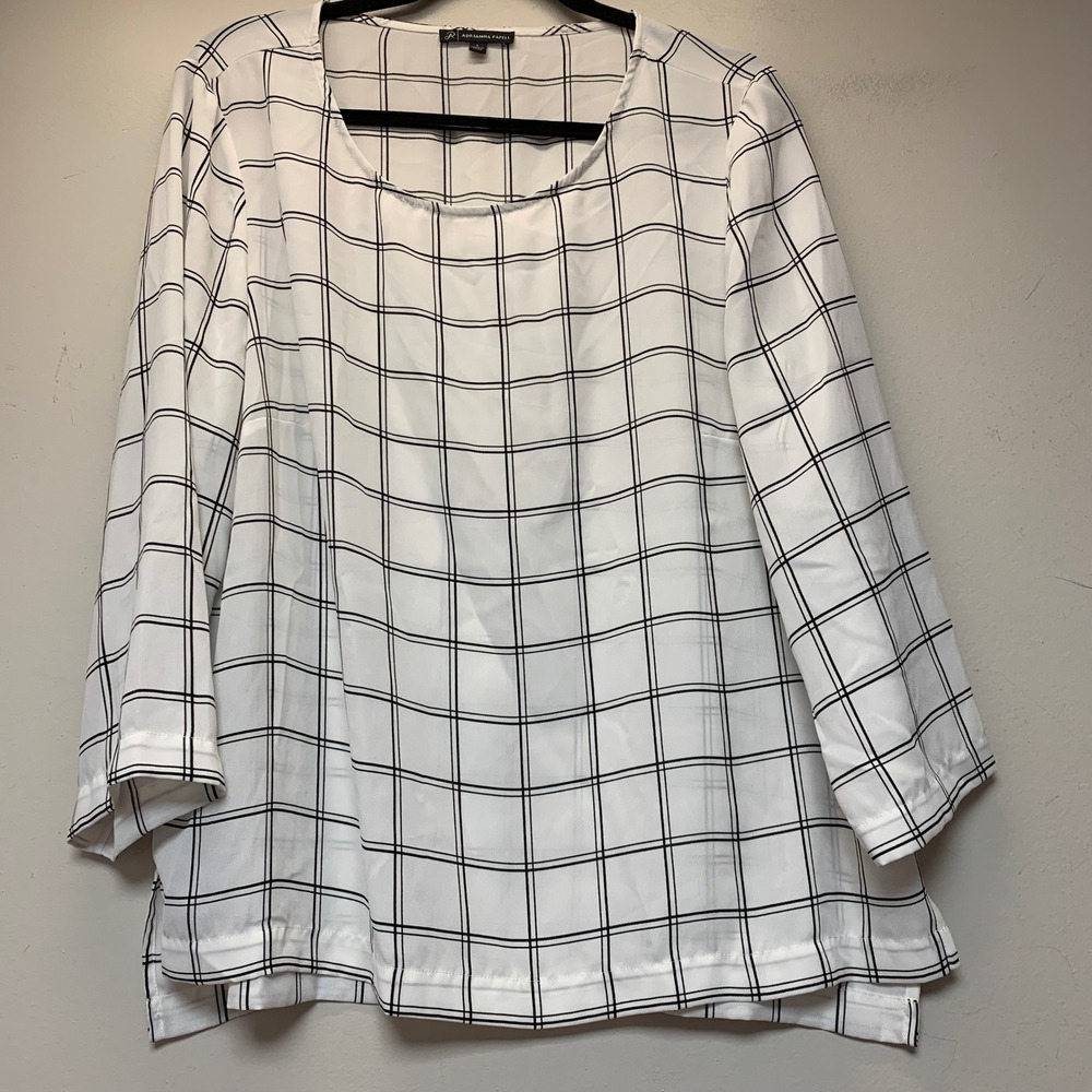 Adrianna Papell Blouse Women Large White Black Excellent Windowpane Grid 3/4 Slv